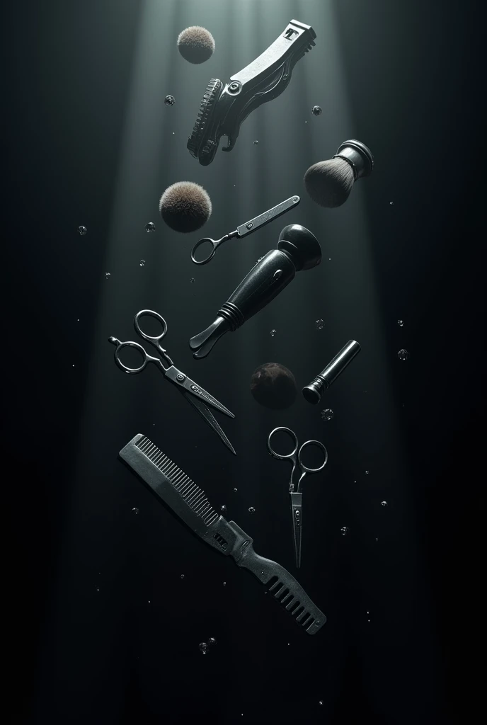 Black background with barber stuff floating around