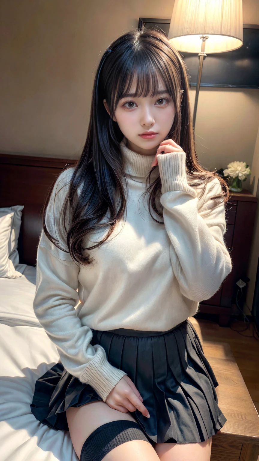 masterpiece, best quality, illustration, Super detailed, fine details, High resolution, 8K,wall paper, perfect dynamic composition,(Details High quality, realistic depiction of eyes:1.3),(Fleece jacket, turtleneck sweater, pleated skirt:1.2), long straight hair, black hair color, Big Natural Color Lip, crying a little、Harajuku style、20 year old girl、cute type、lolita、beautiful legs, hotel room, Gravure Idol, Voluptuous thighs