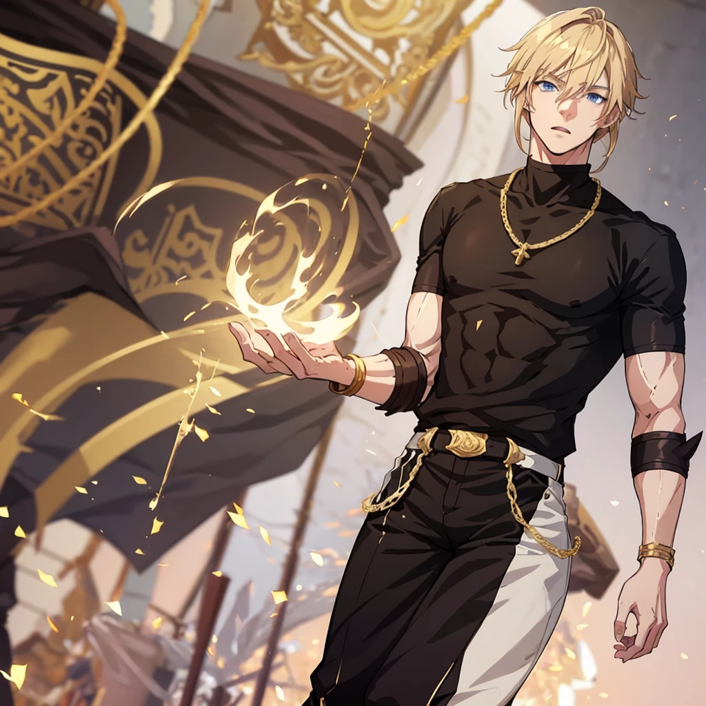 Anime attractive man, 20 year old, blonde hair, very very short ponytail, tall, muscular, white casual t-shirt, gold lining, solo, one person, knight, golden arm bracers, high resolution, high quality, masterpiece, masculine face, gold necklaces, black pants.