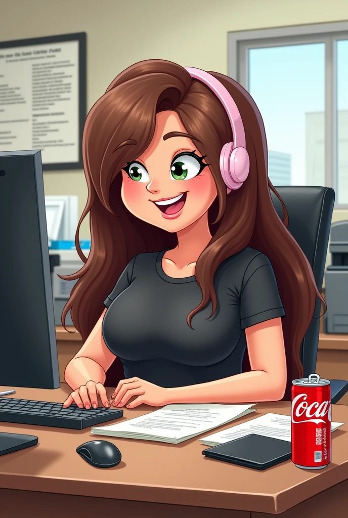Create a drawing illustration that will be used as a cake topper, focus on the main visual elements you described: - The front desk, with long straight hair below the breasts - Wearing a black t-shirt - Sitting in an office chair, eagerly, in front of a computer but smiling. - Using small wireless earbuds that look like pink hearing aids that only cover your ears, indicating that you are on a call. - An open can of Coca-Cola Zero on the table next to the keyboard. - in the image you can see papers and notepads, printer, diary and a black notebook - SHE IS FOCUSED ON THE COMPUTER, the image is more panoramic. We can see the desk, the notebook, the printer and the secretary from the front. She has very long brown hair and she is a little chubby. Her hair goes below her breasts. She is a little chubby and the coke is zero. The image has to be from the front and she is smiling and friendly. It can be something more caricatured, like a cartoon. Place the coke zero on the desk. Make the secretary a little chubbier and put a notebook, not a computer. Her hair needs to be below her hips. In front of the notebook. I want the image from the front. Her face needs to be rounder. The headset has to be bigger and light pink.