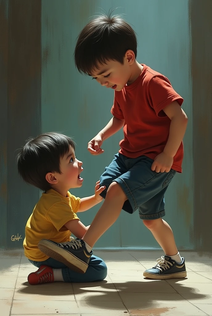 A kicking another childis lying on the floor