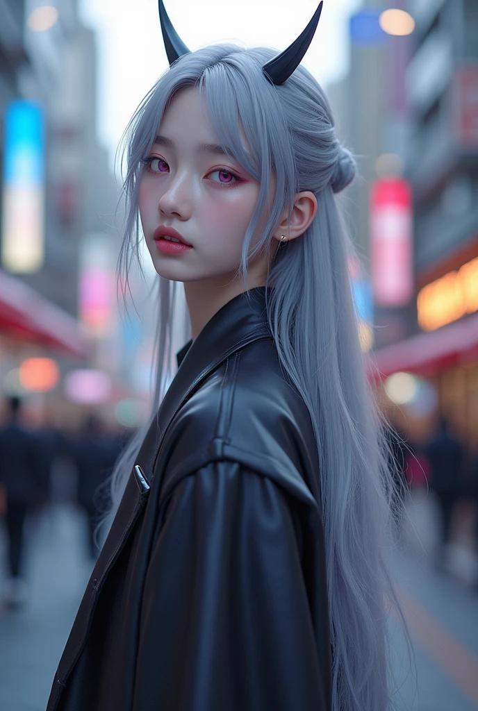 Hyunjin (FULL BODY)( Stray Kids) (foto realist),( demon seeds) ,(grey hair) (pink eyes),(tender), (realist) IN TOKYO