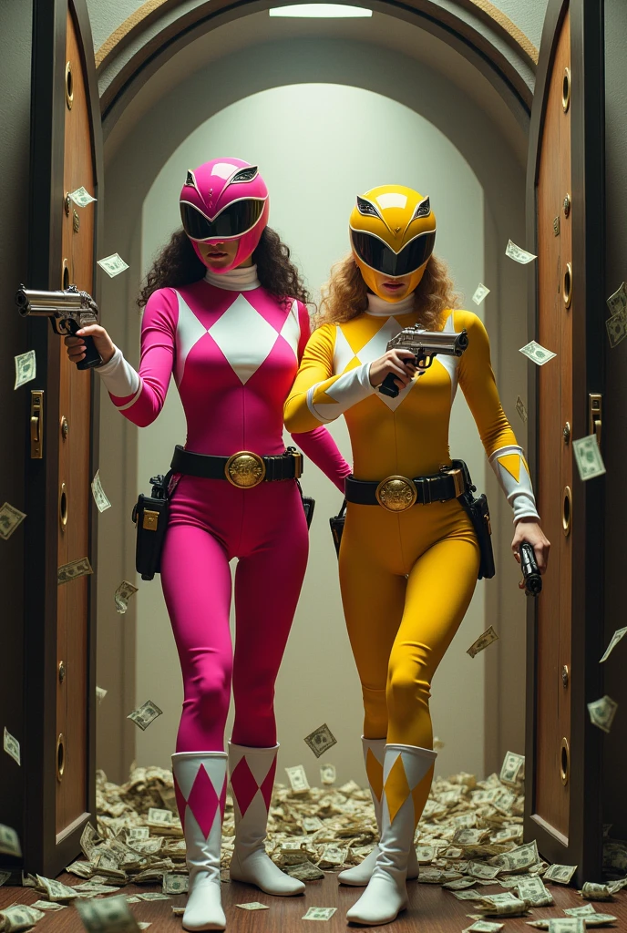 2 famme qui porte une tenue de powe ranger  rose et jaune avec le casque qui font un braquage dans une banque dans un coffre ouvert avec dedans bauecou argent avec des sac avec des pistolet 