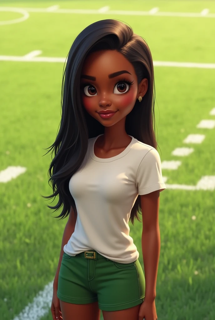 A dark-skinned woman, black straight hair with white t-shirt and green shorts on a football field in Pixar style in high quality, best qualityer
