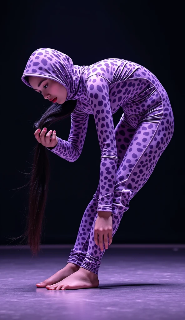 The beautiful and thinest chinese adult woman with glasses light purple and purple leopard print lycra elasticity footed turtleneck unitard catsuit.She always wear hijab-like zentai costume hood made of lycra elasticity.She performs contortion when she is my contortionist.She took part for Mongolian Modern Angels Circus performance(snake convention 90 contortion)