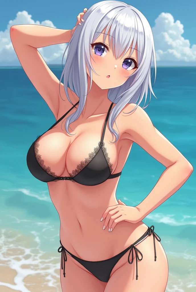 White haired woman in bikini anime version And sucks a man's penis