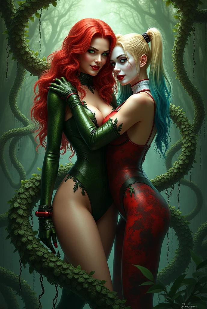 ((Full body photo, standing, feet on the floor))Poison ivy girl and Harley Quinn in vines 