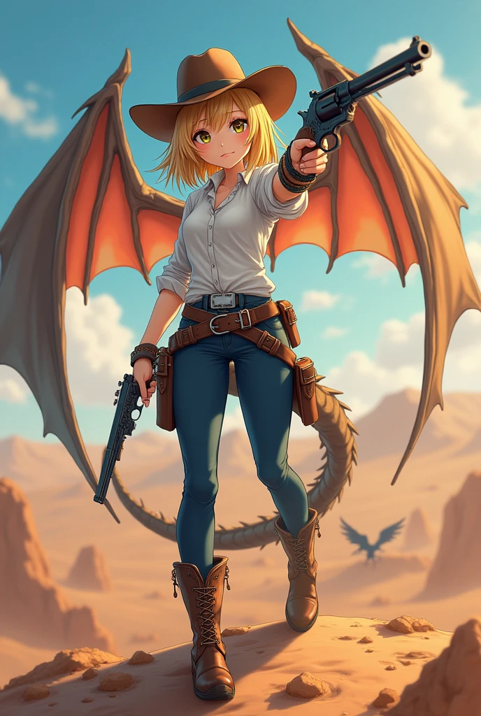 realistic anime girl, 1girl, cute, blonde hair, beautiful eyes, cowgirl hat, dragon wings, desert dragon, full body, full body, white shirt, dark blue pants, boots, gun aiming, opened wings, western view,