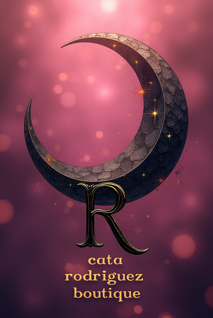 A gothic crescent moon with gold and black color with stars, Pink background , In the middle the capital letter R and at the bottom the phrase CATA RODRÍGUEZ BOUTIQUE