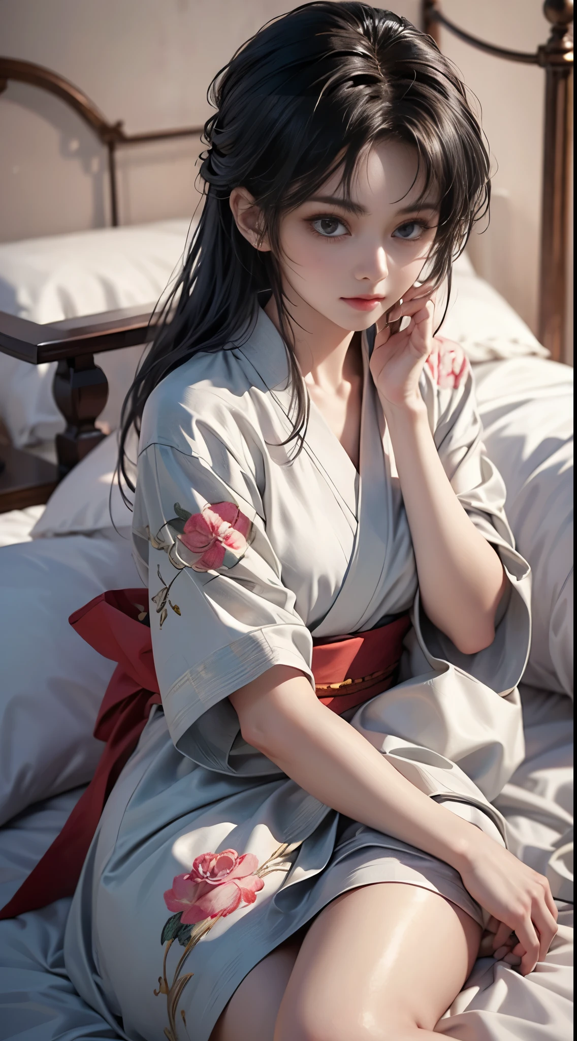 ((Knee slap)), Satellite image, Aerial View, RAW photogr,18 year old sexy model,cute girl,messy hair,smile shyly,curls,Reddish-brown hair,curls,ponytail,red headdress,red eyes,(Hanfu),((白花Hanfu,Draped in silk,Deep V-neck,high waist,Nice looking belt)),(White,shallow),lie down,lying flat on bed,lift up skirt,slender legs,strike an elegant pose,Posing for photos,detail令人惊喜,Very detailed,smooth skin,warm color palette,best quality,Very detailed,detail,(actual:1.7),((best quality)),Ridiculous resolution,(ultra high resolution),(Reality:1.6),Realism,octave render,(超Reality:1.2),(realistic face:1.2),(8K),(4K),(tmasterpiece),(Realistic skin texture)