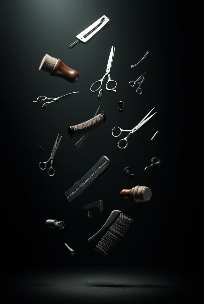 Black background with barber stuff floating around