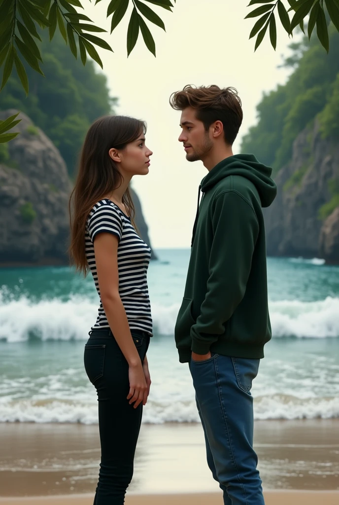 A teenager girl who wears a black and white colour horizontal line t shirt and black pant hugging tightly for a time teenager boy who wears a dark green colour hoodie and blue colour denim pant with little bit of beard  in beach side with lots of trees in sides to convince him in front of waves realistic 