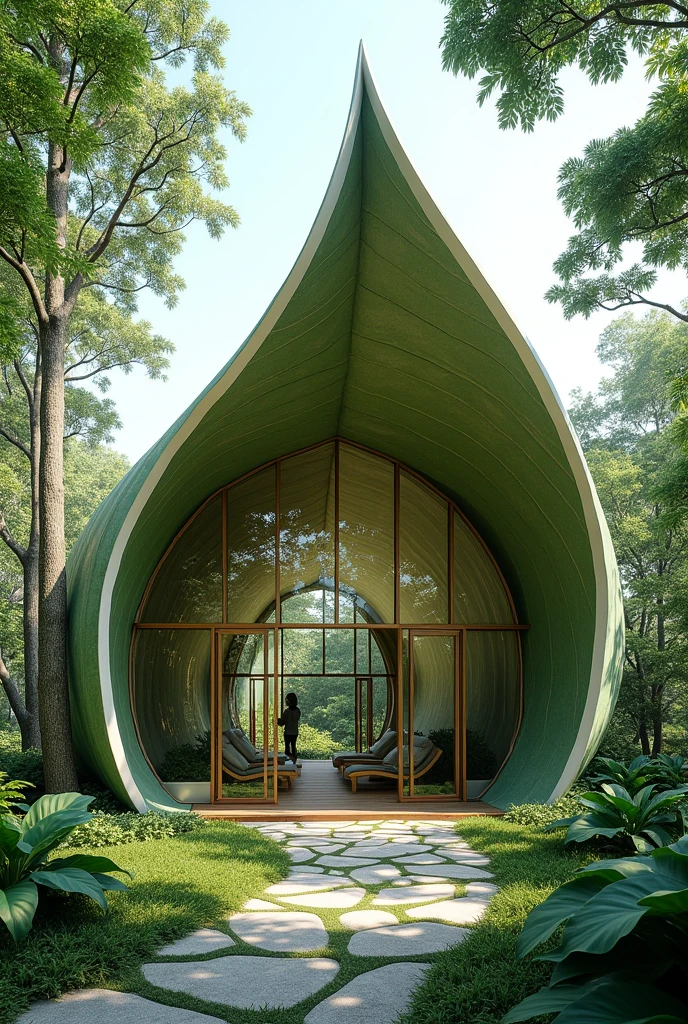 Pavilion with leaf-shaped roof, and built with recycled plastic, and glass on the sides of the facades