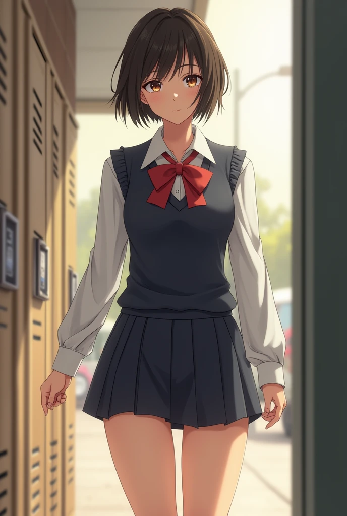 A beautiful short-haired girl in a high school uniform with big thighs is very hot 