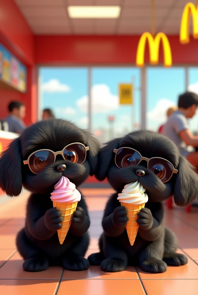 2 black shih tzu puppies eating ice cream at McDonald's wearing sunglasses 3D Pixar