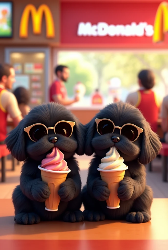 2 black shih tzu puppies eating ice cream at McDonald's wearing sunglasses 3D Pixar