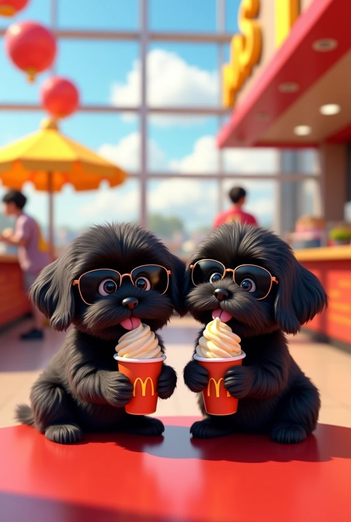 2 black shih tzu puppies eating ice cream at McDonald's wearing sunglasses 3D Pixar