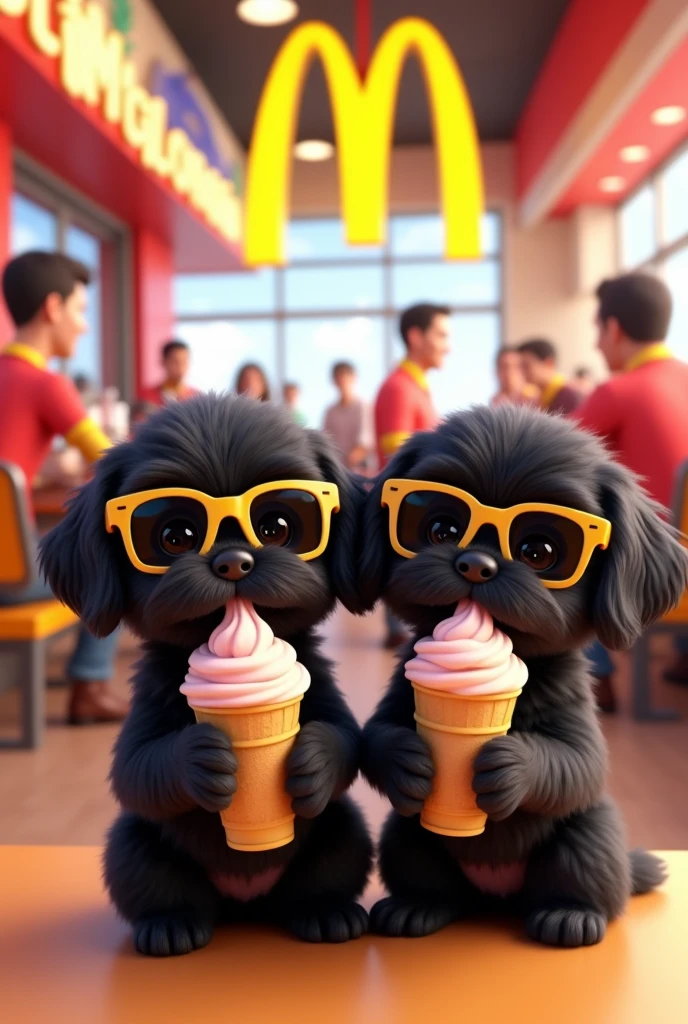 2 black shih tzu puppies eating ice cream at McDonald's wearing sunglasses 3D Pixar