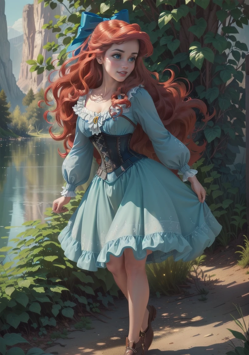 ((Full body photo, standing, feet on the floor))Photorealistic,photography, (ArielWaifu:1), smile, cute, beautiful pose, looking at the viewer, thick thighs, (blue dress, hair bow, corset), walking, from below, bright red hair, (realistic: 1.2), (realism), (masterpiece: 1.2), (best quality), (ultra detailed), (8k, 4k, intricate), (full-body-shot: 1), (Cowboy-shot: 1.2), (85mm), light particles, lighting, (highly detailed: 1.2), (detailed face: 1.2), (gradients), sfw, colorful, (detailed eyes: 1.2),
(detailed landscape, night, lake, magic forest, plants: 1.2), (detailed background), detailed landscape, (dynamic angle: 1.2), (dynamic pose: 1.2), (rule of third_composition:1.3), (line of action: 1.2), wide shot, daylight, soil,