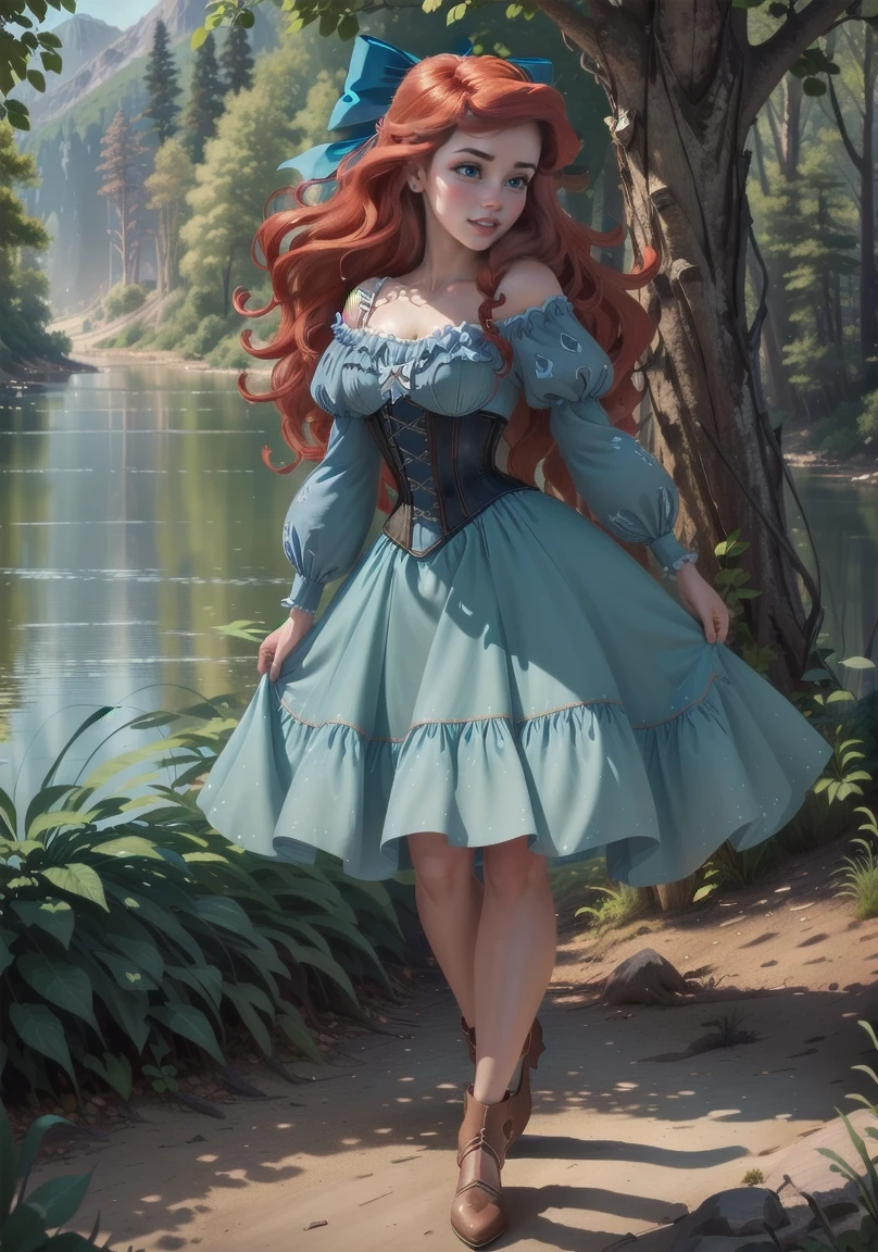 ((Full body photo, standing, feet on the floor))Photorealistic,photography, (ArielWaifu:1), smile, cute, beautiful pose, looking at the viewer, thick thighs, (blue dress, hair bow, corset), walking, from below, bright red hair, (realistic: 1.2), (realism), (masterpiece: 1.2), (best quality), (ultra detailed), (8k, 4k, intricate), (full-body-shot: 1), (Cowboy-shot: 1.2), (85mm), light particles, lighting, (highly detailed: 1.2), (detailed face: 1.2), (gradients), sfw, colorful, (detailed eyes: 1.2),
(detailed landscape, night, lake, magic forest, plants: 1.2), (detailed background), detailed landscape, (dynamic angle: 1.2), (dynamic pose: 1.2), (rule of third_composition:1.3), (line of action: 1.2), wide shot, daylight, soil,