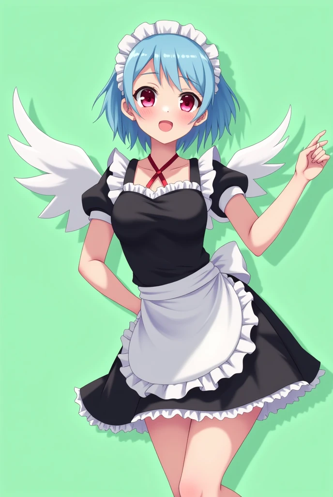 Maid cafe maid with short blue hair, Red eyes, a sensual and happy expression, age range between 18 and 26 years, with angel wings, black uniform, anime style completely in 2D, with pastel colors, with a completely flat and green background