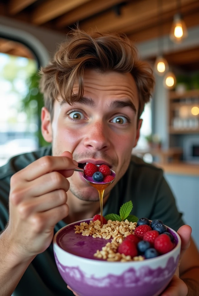 realistic young man, At the acai shop ,brown hair eating acai , ultra HD, high qualiy, best qualityer, high resolution, 8k, 16K

