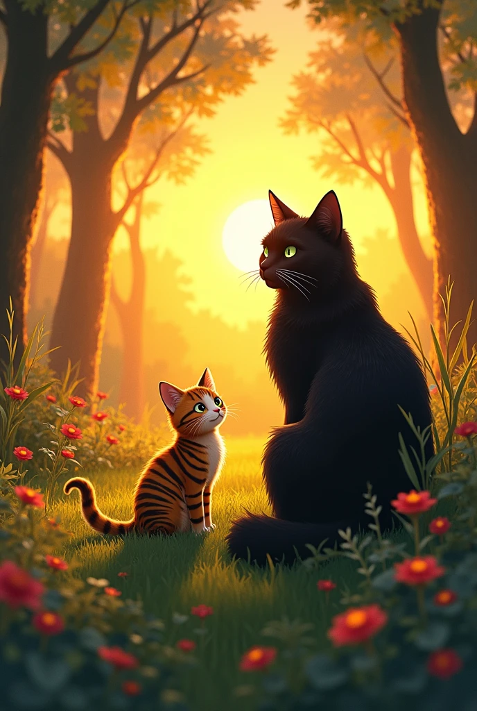 A peaceful clearing in the middle of a forest, bathed in golden sunset light. A young striped cat, Miko, looks at his father, a large black cat with thick fur, sitting majestically next to him. You can feel the bond between them, surrounded by flowers and tall grasses, in a warm and tranquil setting.