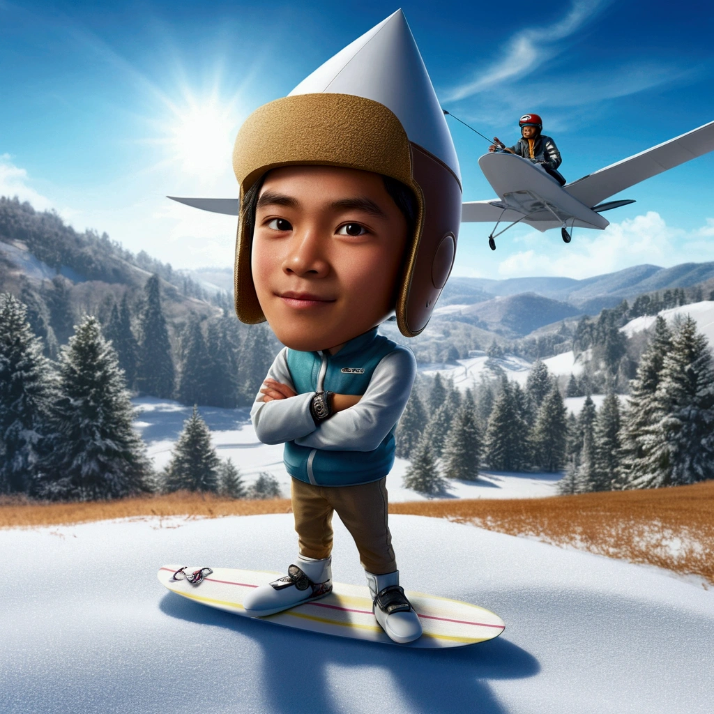  a 25 year old Indonesian youth, wearing a paper hat and a snow jet sky costume complete with a surfboard and stick with cool shoes, with his arms crossed calmly. The background of the sky area is hilly snow and lots of trees refracted by sunlight and visiblelike real. high quality images, high resolution