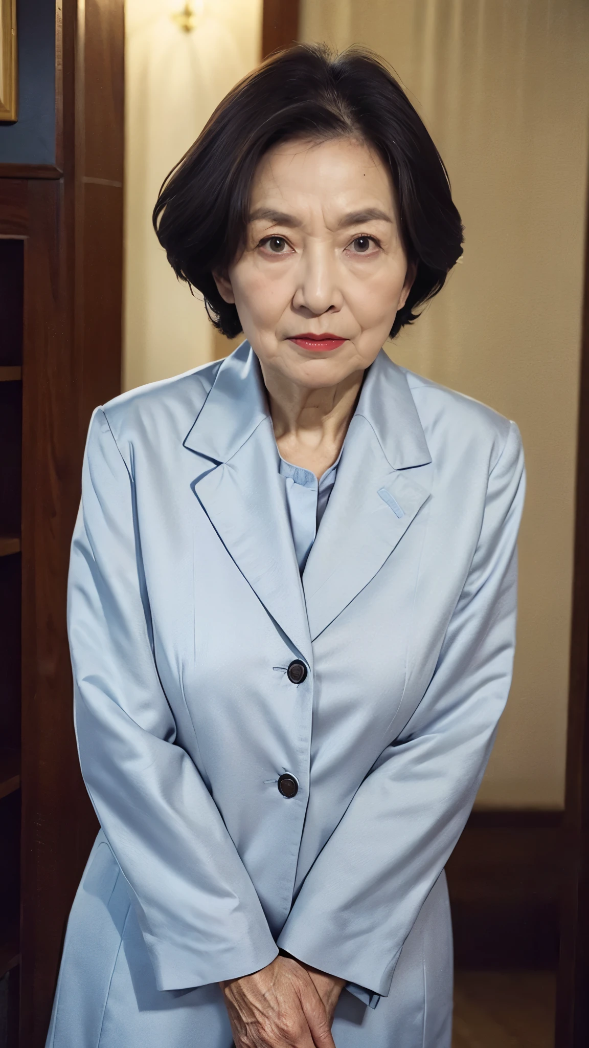 masterpiece, ((Depth of written boundary)), 32K, Beautiful finish, Face close-up, Beautiful mature woman, 90-year-old woman, Photo of your ID, Business operator, chief executive officer(CEO), View from the front, Angry gaze, Cool look, Red lips, Thin lips, Wearing a suit over underwear, Light from the front,