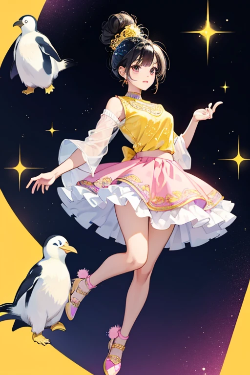 Preena is a white penguin with black hair in a bun.
She wears a pink top and skirt with a yellow ornate design.
She wears blue shoes. SPARKLE; GLITTER