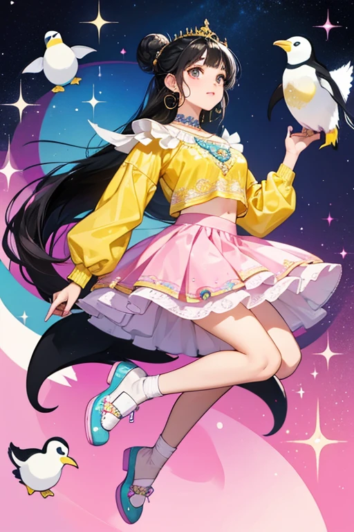 Preena is a white penguin with black hair in a bun.
 She wears a pink top and skirt with a yellow ornate design.
 She wears blue shoes.  SPARKLE; GLITTER