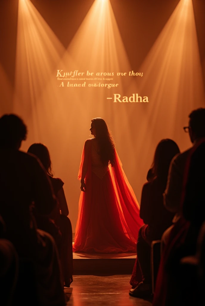 Background: Radha singing on stage, the audience mesmerized by her voice.Text on screen: "Her melodious voice won everyone's hearts."