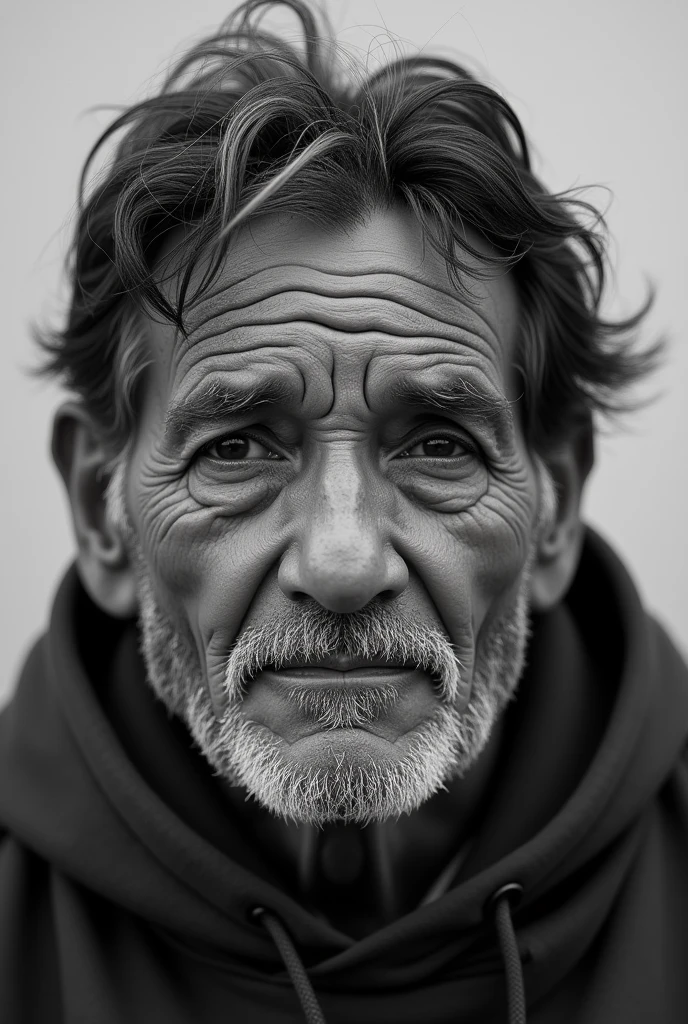 A 60-year-old man with indigenous features, Peruvian, with a drooping, half-closed eye, in black and white, without curls