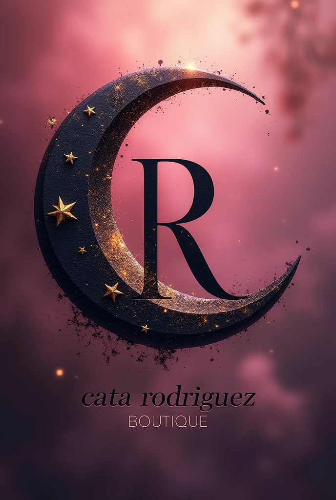 A gothic crescent moon with gold and black color with stars, Pink background , In the middle the capital letter R and at the bottom the phrase CATA RODRÍGUEZ BOUTIQUE 