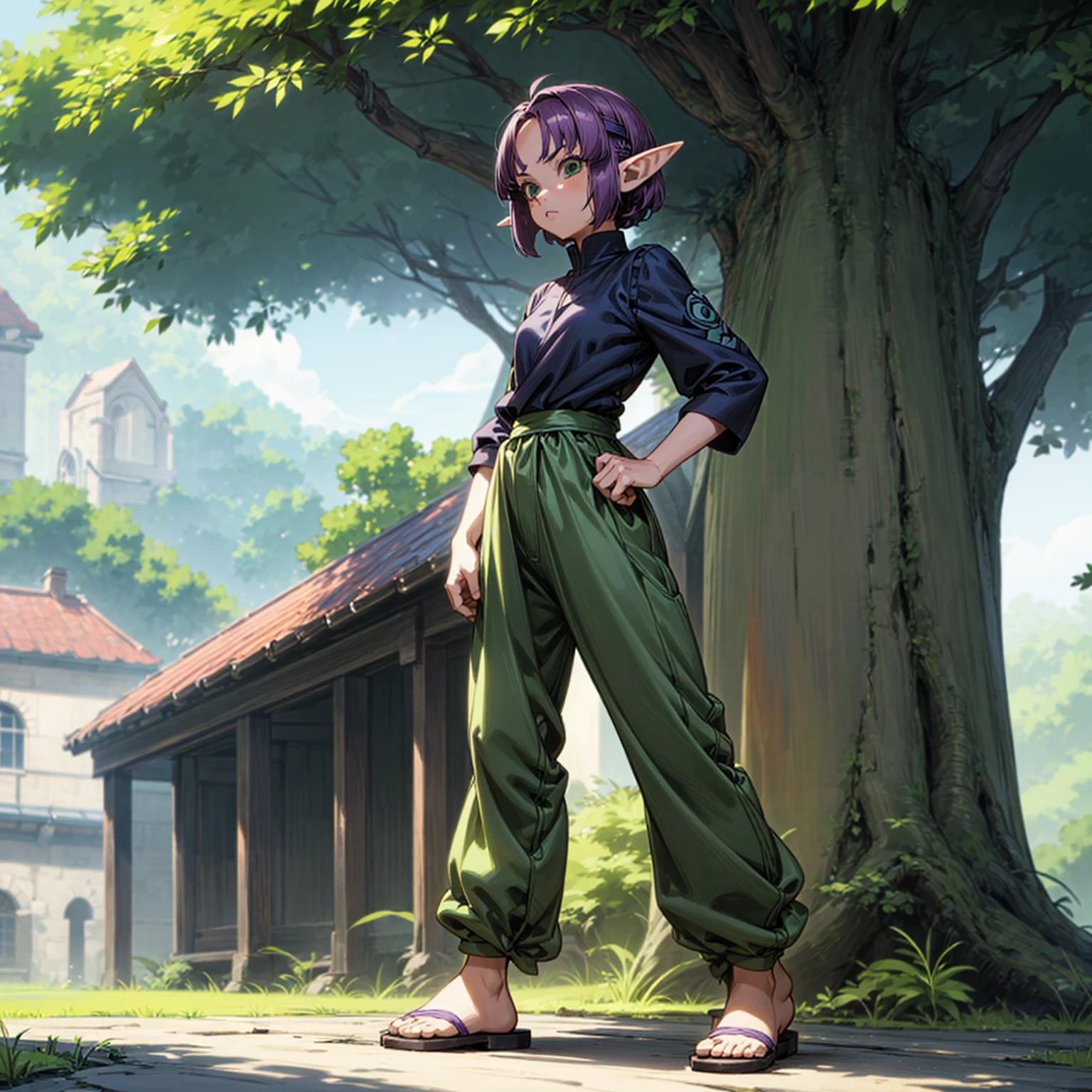 Solo character, full body version, kid girl, (elf), green eyes, purple color hair, Curly haircut, bob hair black shirt, long pants, sandals, outdoor, village, detailed background, detailed clothing, detailed hair, muscle, standing gesture, (one piece style art, Doraemon style art)