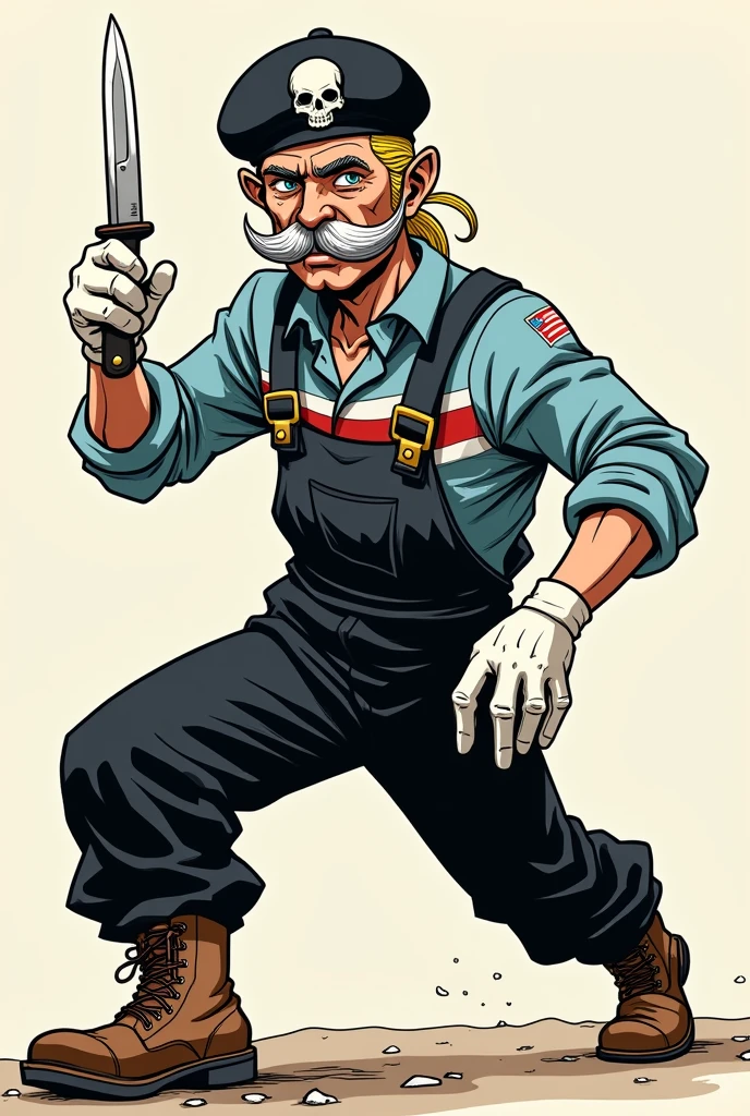 (Manga Type Drawing) Man Wearing black overalls, a sky blue long-sleeved shirt with red stripes, white gloves, brown boots, a trimmed gray mustache, yellow and gold hair, a beret with a skull in the center, holding a knife with his right hand and extending his left hand