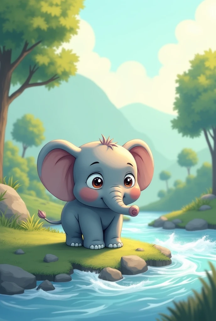 2d, Simple and cute, with gentle colors like a picture book , 8k, Highest quality,cute,Big anime eyes,流れの激しい大きなriverの手前の陸に立つ象(image: elephant, river, challenge),I&#39;m scared and I close my eyes