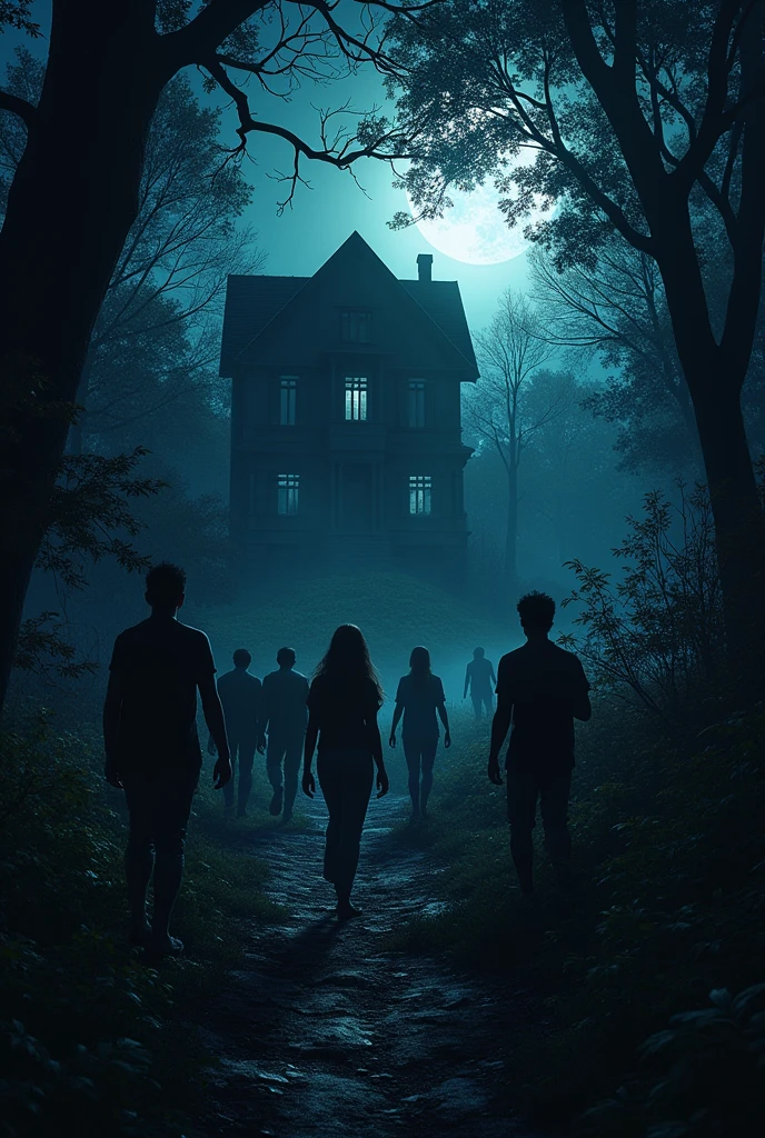 put several people who seem to be looking for someone in a forest with a house very dark at night