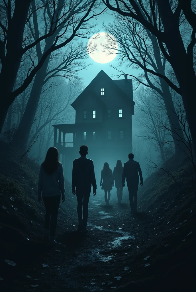 put several people who seem to be looking for someone in a forest with a house very dark at night