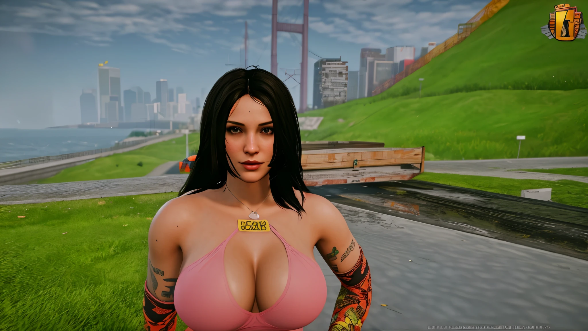A brunette woman, with a cleavage on the breasts, ultra realistic photo webbing, high qualiy, 4K, GTAV,