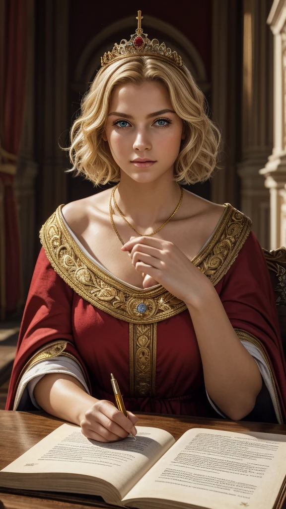 (Masterpiece: 1.2, Best Quality), Realistic, (Realistic Picture, Complex Details, Depth of Field), Best Quality, Masterpiece, Highly Detailed, Semi Realistic, 1 Girl, Mature Female, 21 Years Old, Blond Hair, Shoulder length Short Hair, Left Eye Covered with Hair, Blue Eyes, King's Clothes, Red Cloak, Slim Figure, Crown Made of Precious Gold, Reading Documents, Marking Documents, Goose Hair Pen, Office Table, Soft Bench, Palace, In the palace, during the Middle Ages