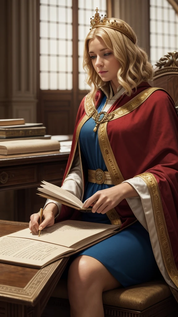 (Masterpiece: 1.2, Best Quality), Realistic, (Realistic Picture, Complex Details, Depth of Field), Best Quality, Masterpiece, Highly Detailed, Semi Realistic, 1 Girl, Mature Female, 21 Years Old, Blond Hair, Shoulder length Short Hair, Left Eye Covered with Hair, Blue Eyes, King's Clothes, Red Cloak, Slim Figure, Crown Made of Precious Gold, Reading Documents, Marking Documents, Goose Hair Pen, Office Table, Soft Bench, Palace, In the palace, during the Middle Ages