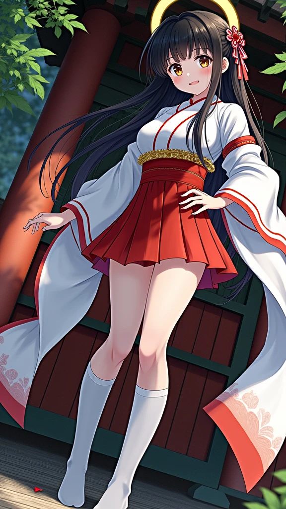 1 girl, solo, long hair, breasts, staring at viewer, blushing, smiling, bangs, skirt, large breasts, black hair, knee-high socks, long sleeves, ribbon, brown eyes, mouth closed, standing, full body, hair ribbon, ponytail, outdoors, kimono, wide sleeves, blunt bangs, kimono, white knee-high socks, tree, zettai ryouiki, leaves, from below, sandals, ribbon trim, hakama, hakama skirt, ribbon trimmed sleeves, white kimono, shrine maiden, tabi, hakama short skirt, red hakama, kagura bell, kagura dance, kagura stage, golden halo,