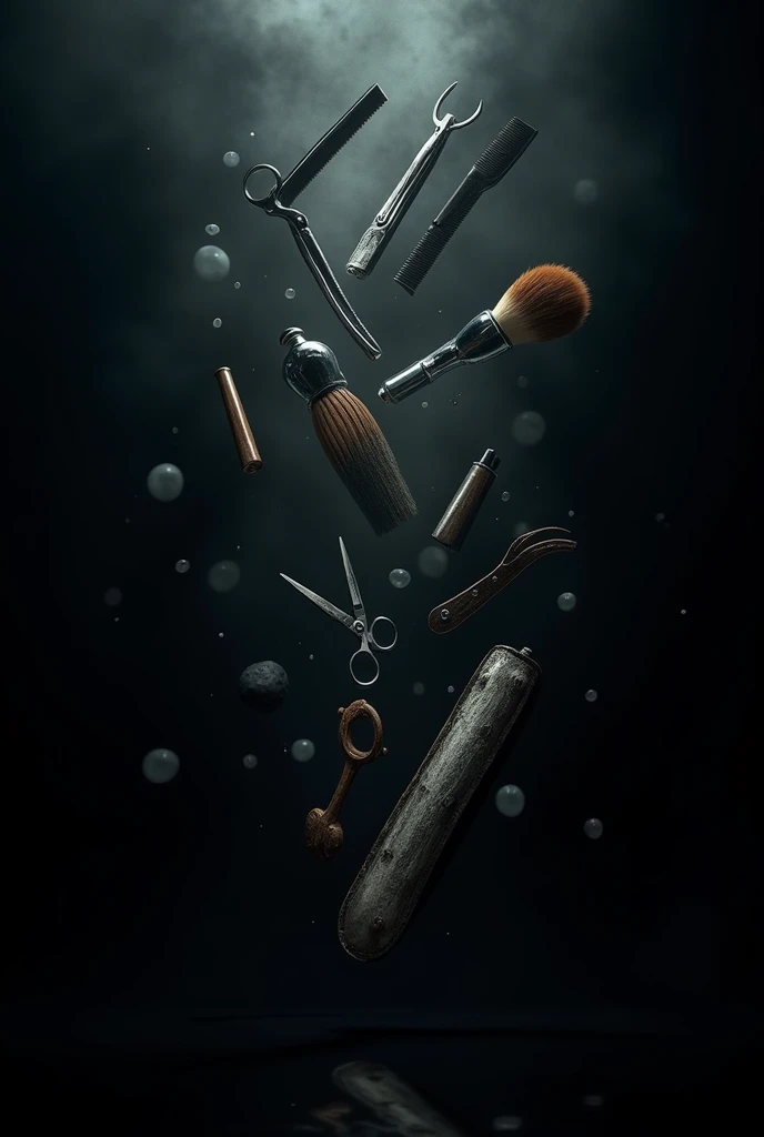 Black background with barber stuff floating around 