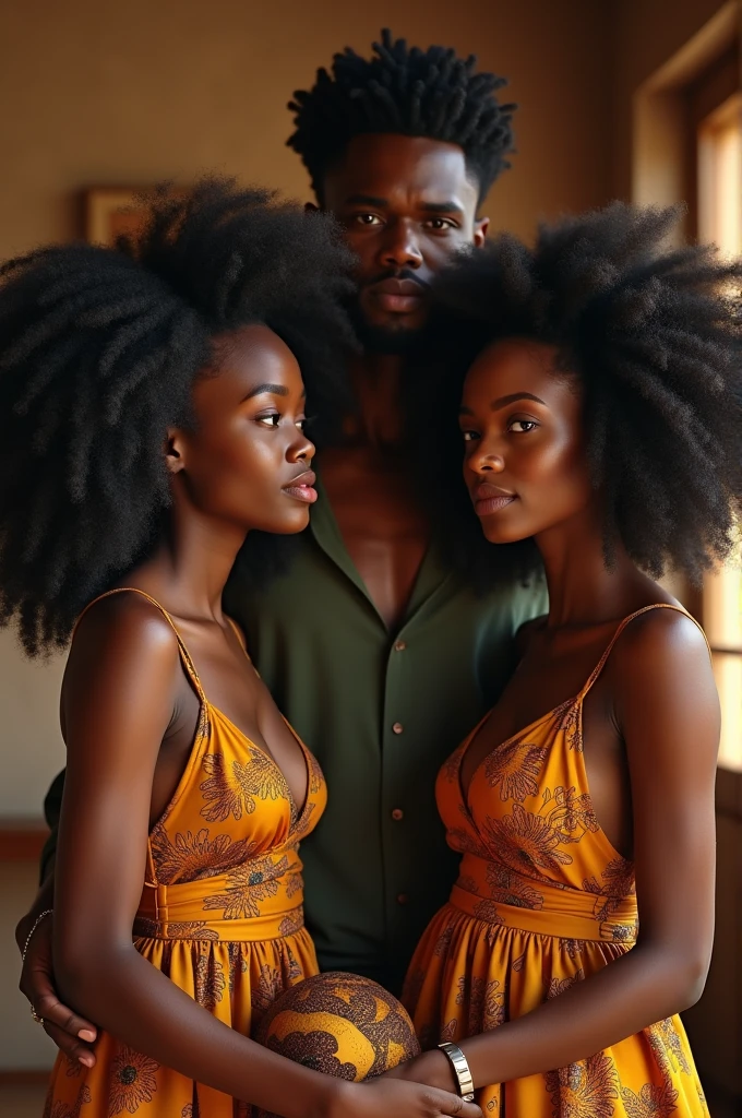 Generate an image of two beautiful African girls in their Afro hair in a house setting with a very handsome man. Let there be a distance between to of the girls. One of the girl being the man’s to be wife and the other being the girls friend