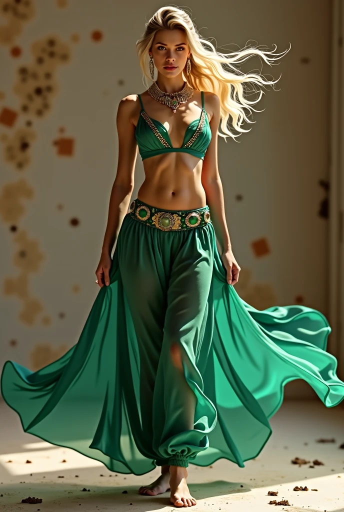 blonde arabian dancer, High and long ponytail hairstyle, Green baggy sheer harem pants with elastic ankle cuffs, full body front, sensual woman, The fabric of her outfit billows, sculpted torso, shapely thighs, waist jewels.