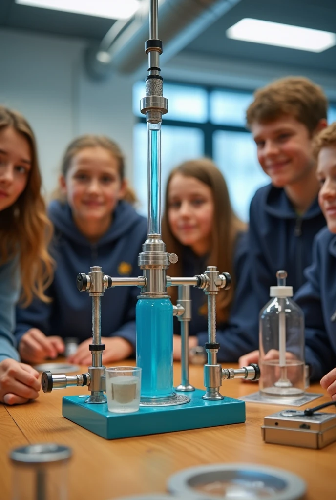 A photo of 4 friends in science class doing an experiment in a lab at school showing only their hands in the photo.