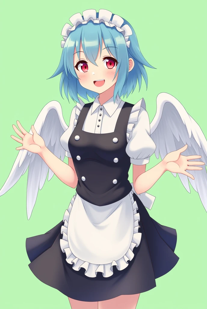 Maid cafe maid with short blue hair, Red eyes, a sensual and happy expression, age range between 18 and 26 years, with angel wings, black uniform, anime style completely in 2D, with pastel colors, with a completely flat and green background