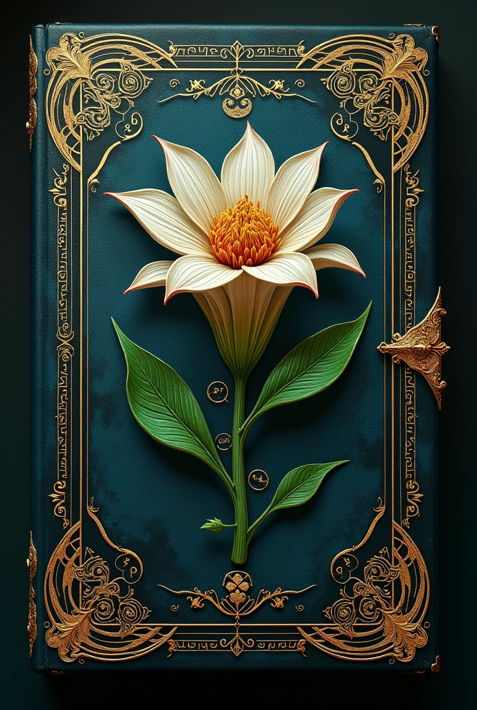 I want a botany grimoire, with an exotic flower symbol on the cover along with magical and runic decoration