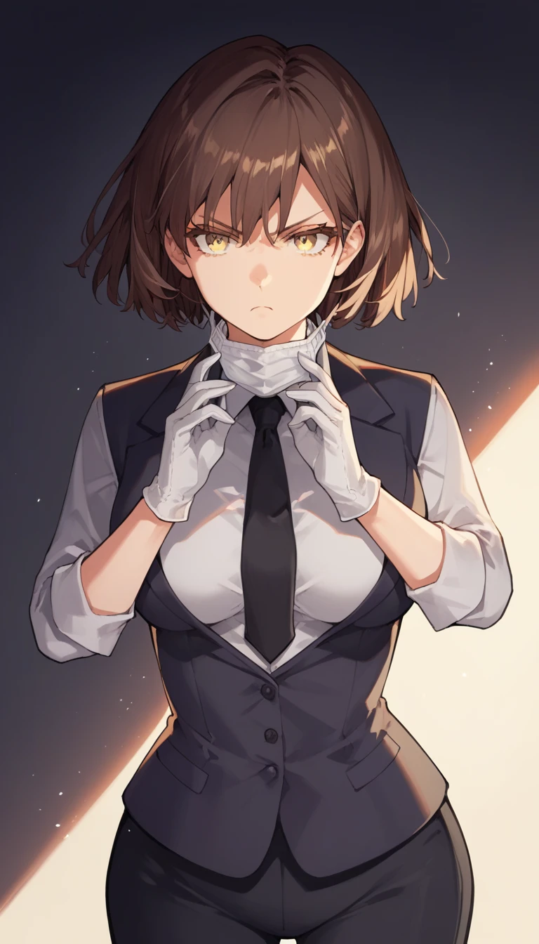 score_9, score_8_up, score_7_up, source_anime, 1girl, yellow eyes, room, wariza, short hair, Shag haircut, dark brown hair, Frowning face, serious face, portrait, blazer, starshadowmagician, solo, Adult woman, best perfect anatomy, thin, curvy body, medium breasts, curvy body, close up shot on person, a woman showing disappointed, lonely woman, standing pose, white shirt, black tie, format black vest, Long-sleeved shirt, black trousers, white gloves, wear a white surgical mask, dynamic angle. no light source, dark background, night days, dark hotel bedroom background,